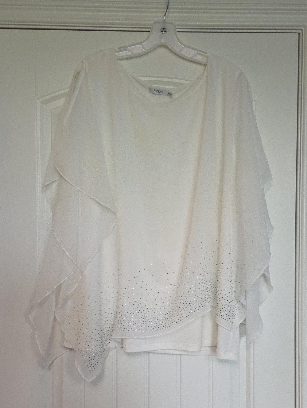 Ricki's White Layered Chiffon Poncho with Hem Rhinestones